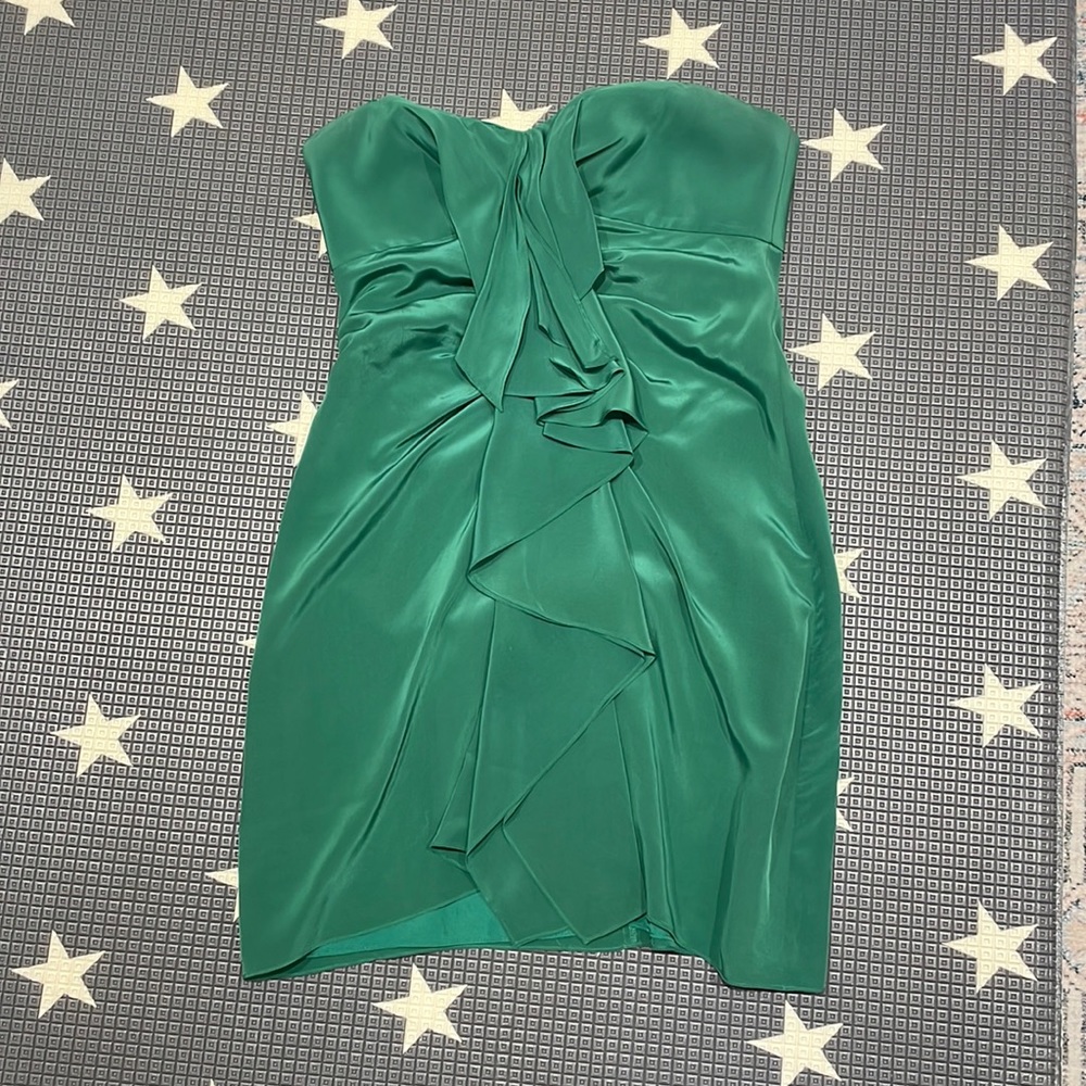 Green BCBG strapless sweetheart mini dress with front ruffle